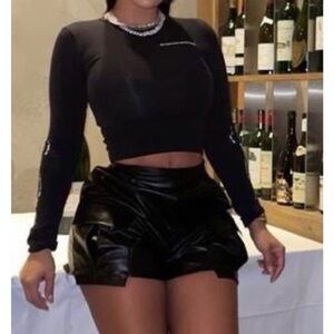 Black Long Sleeve Crop Top and Leather Shorts